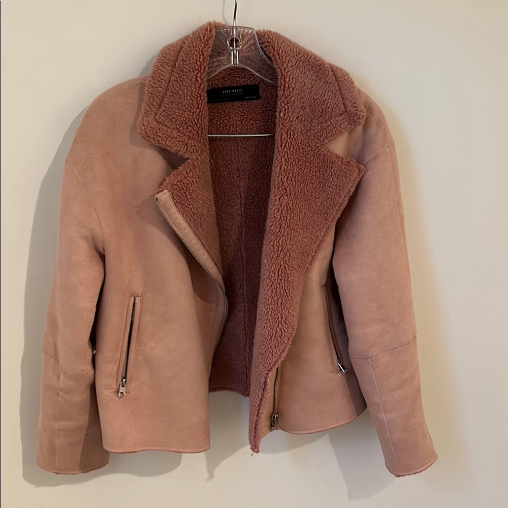 Zara Pink Teddy Jacket with Oversized Collar M spring fall